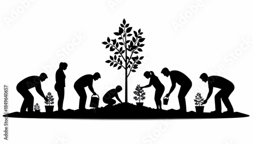 Silhouette illustration of people planting and nurturing trees, symbolizing environmental care, growth, and the collective effort towards a sustainable future for the planet