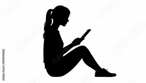 Profile silhouette of a focused young woman sitting casually on the ground, intently using a portable electronic device, depicting contemporary digital engagement and personal leisure time