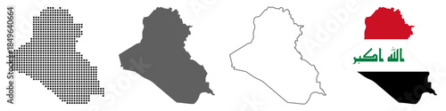 Iraq Map Set with Dot, Silhouette, Outline and Flag Vector