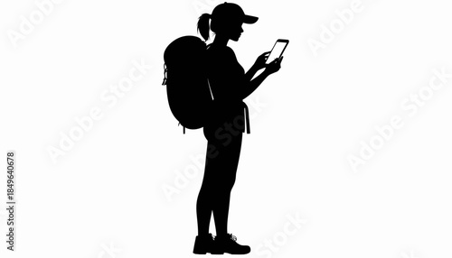 Silhouette of a hiker wearing a backpack and cap, looking at a smartphone while standing outdoors
