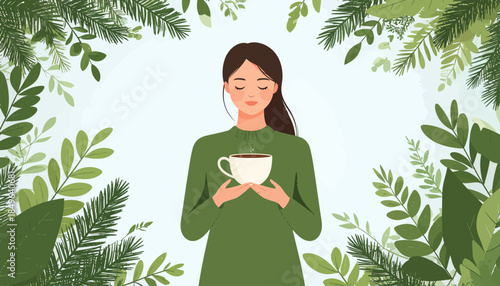 A peaceful woman finds solace and warmth while enjoying a comforting hot drink amidst a lush, verdant natural frame, embodying tranquility and connection to nature