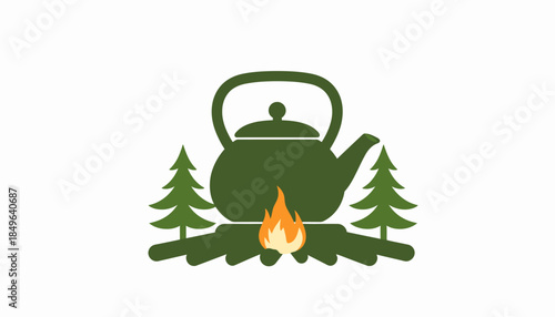 Outdoor camping adventure with a cozy campfire and a steaming kettle nestled between pine trees, symbolizing warmth and nature's embrace in a serene wilderness setting