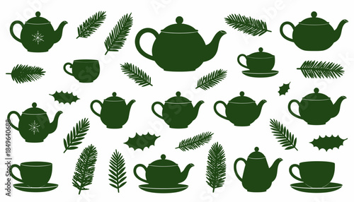 Collection of green teapots and teacups with decorative leaves, perfect for tea-related designs and themes