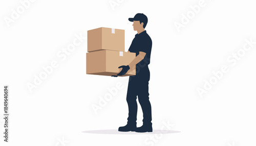 Delivery person carrying stacked boxes, professional courier with packages, logistics and shipping service