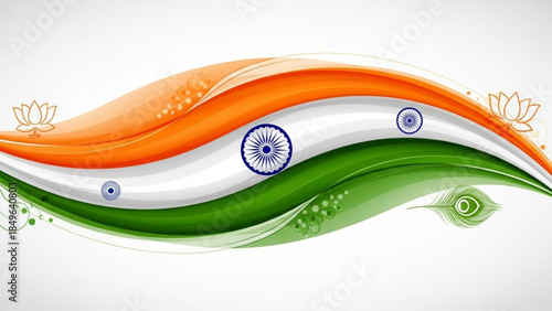 Abstract Indian flag wave design with lotus and peacock feather elements representing national pride and celebration for India perfect for patriotic themes