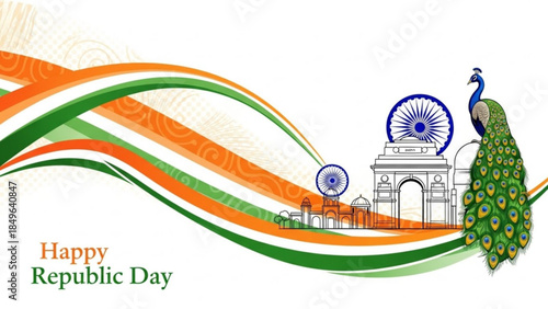 Indian Republic Day celebration with Ashoka Chakra India Gate and peacock featuring tricolor wavy design on white background perfect for patriotic graphic