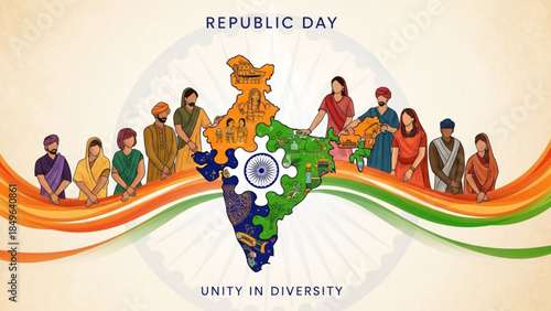 Diverse group of people standing behind India map in national colors representing unity and diversity for Republic Day celebrations illustration