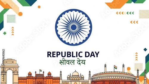 Indian Republic Day celebration with Ashoka Chakra and iconic landmarks vector illustration for national holidays and patriotic themes