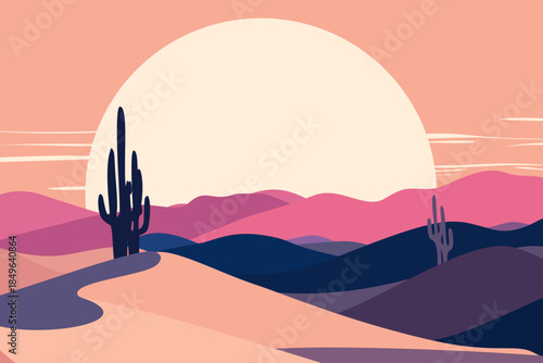 Colorful desert landscape with tall cactus, rolling dunes and giant pastel sunset, modern flat vector illustration of wild west nature, summer heat and dreamy evening sky