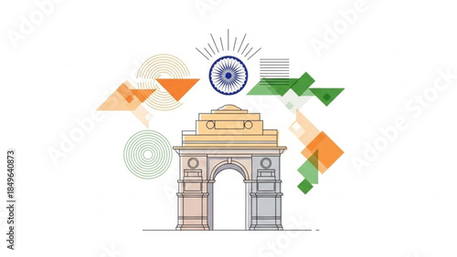 India Gate monument illustration abstract geometric design with Indian flag colors concept for travel and national pride isolated on white