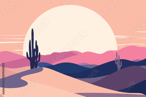 Colorful desert landscape with tall cactus, rolling dunes and giant pastel sunset, modern flat vector illustration of wild west nature, summer heat and dreamy evening sky