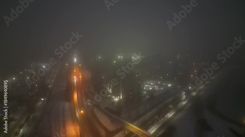 Dark December foggy morning aerial view in Oulu, Finland