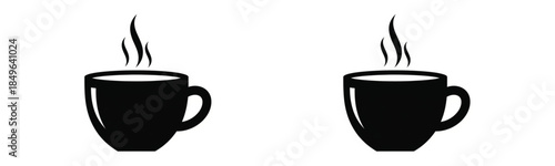 Set of Two Minimalist Black Hot Coffee Cup Icons with Steam Vector
