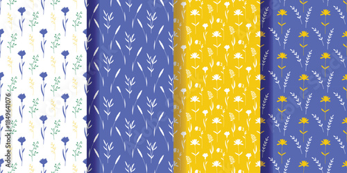 Delicate floral spring and summer backgrounds. Spring wildflowers and herbs seamless pattern collection. Natural botanical rustic prints for textiles, covers and design, vector graphics