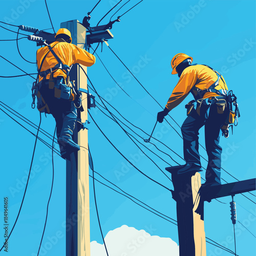 Electricians work diligently on power poles, ensuring safety and functionality of power lines under a clear blue sky