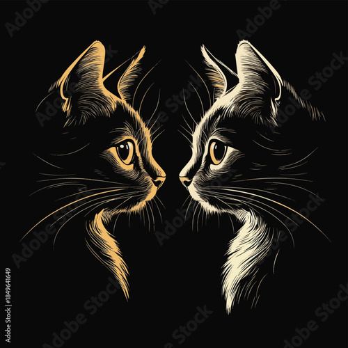 This artistic representation features two cat faces in a contrasting black background