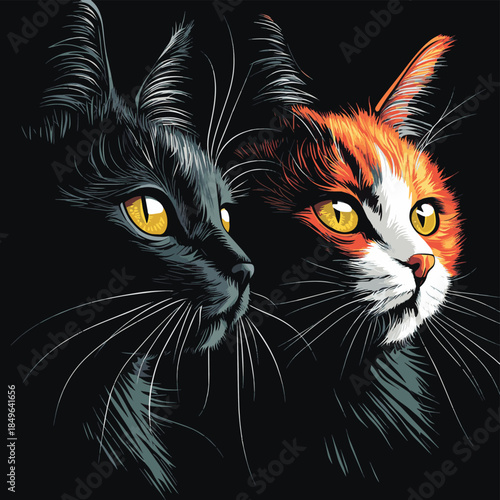 This artistic representation features two cat faces in a contrasting black background