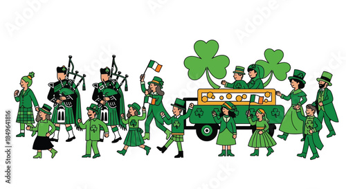 St Patricks Day Parade with Bagpipers and a Truck.