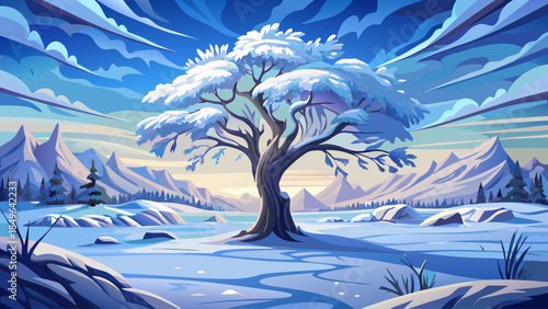 Snow-laden tree in an open winter landscape, surrounded by untouched snow, evoking silence, purity, and the tranquil essence of a cold seasonal environment