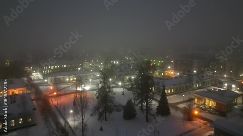 Dark December foggy morning aerial view in Oulu, Finland