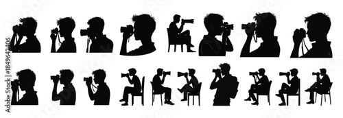 Male photographers silhouettes with cameras in various poses