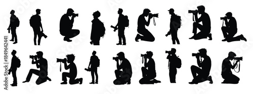 Male photographers with cameras and backpacks in various poses