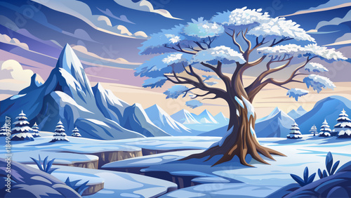 Snow-laden tree in an open winter landscape, surrounded by untouched snow, evoking silence, purity, and the tranquil essence of a cold seasonal environment
