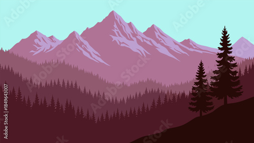 Stylized mountainous landscape vector illustration with layered pine forests and majestic purple peaks under a serene sky, perfect for nature-themed designs