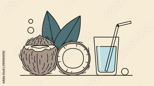 Exotic Fresh Coconuts and Refreshing Coconut Water Beverage Line Art Illustration, Perfect for Healthy Tropical Drink and Summer Lifestyle Designs