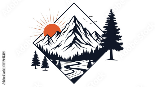 Vector graphic of majestic mountains, forest, river, and sun in a diamond frame, perfect for nature and adventure logos