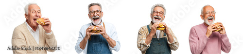 Group of happy elderly men eating burgers, isolated on transparent background png