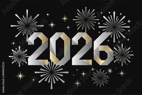 2026 Metallic Text with Fireworks on Dark Background