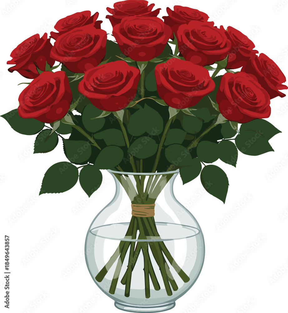 Obraz premium Large Elegant Red Rose Bouquet in Glass Vase with Water and Green Leaves Isolated on White Background for Romantic Floral Greeting Cards
