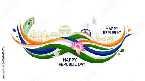Happy Republic Day India illustration with Indian landmarks and flag elements celebrating national pride and freedom with patriotic symbols