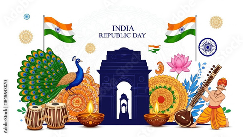 India Republic Day celebration with traditional symbols including a peacock India Gate musical instruments and diyas representing national pride and culture