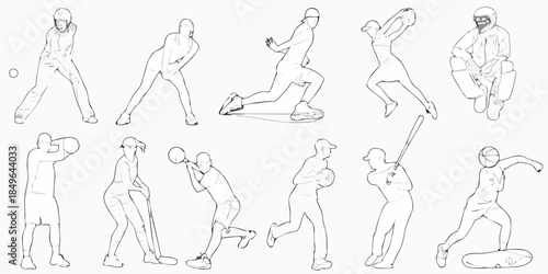 Sketch depictions of cricket players in various action poses and fielding positions