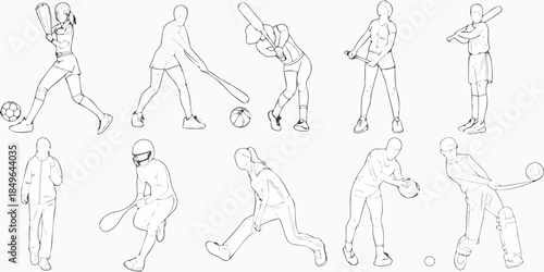 Line art illustration depicting diverse athletic poses of baseball and cricket players