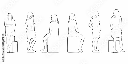 Line art illustration of six women in various poses and outfits