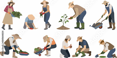 Diverse group of people gardening planting and tending to plants outdoors