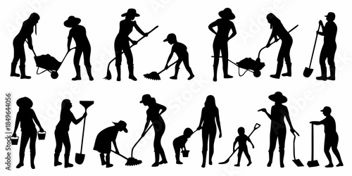Silhouettes of people gardening and performing various outdoor chores