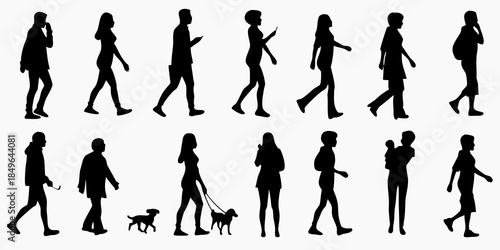 Silhouettes of people walking in various poses and activities a diverse collection