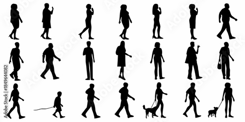 Silhouettes of people walking standing and interacting in various poses
