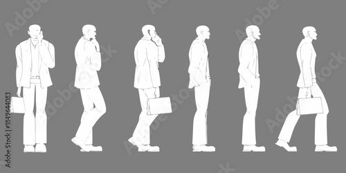 A series of white outline figures walking with business attire and briefcases