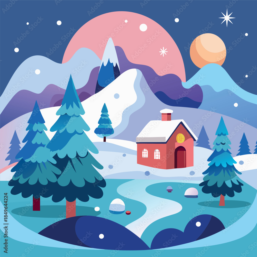 Fototapeta premium A cozy winter night illustration with a small cabin glowing warmly in the snow, pine trees around it, mountains in the background, a crescent moon and stars in a deep blue sky, flat vector style, soft