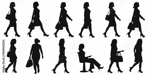 Silhouettes of women walking and posing in various fashionable outfits