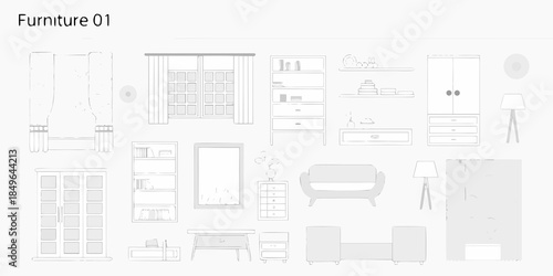 Minimalist furniture arrangement showcasing beds cabinets and seating in a simple style