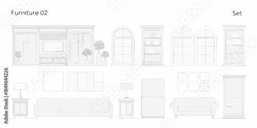 Detailed outline of a furniture set including sofas cabinets and accessories