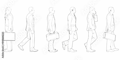 A series of line drawings depicting a man walking with a briefcase