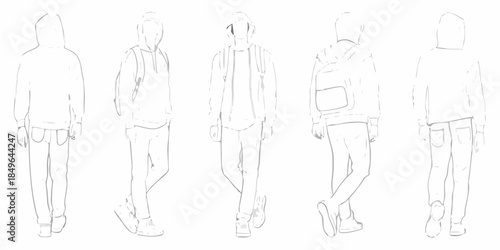 Fashion design sketches showcasing a hooded individual in multiple poses