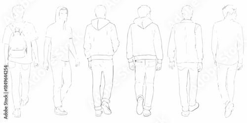 Fashion sketches of men in various outfits presented as line art illustrations